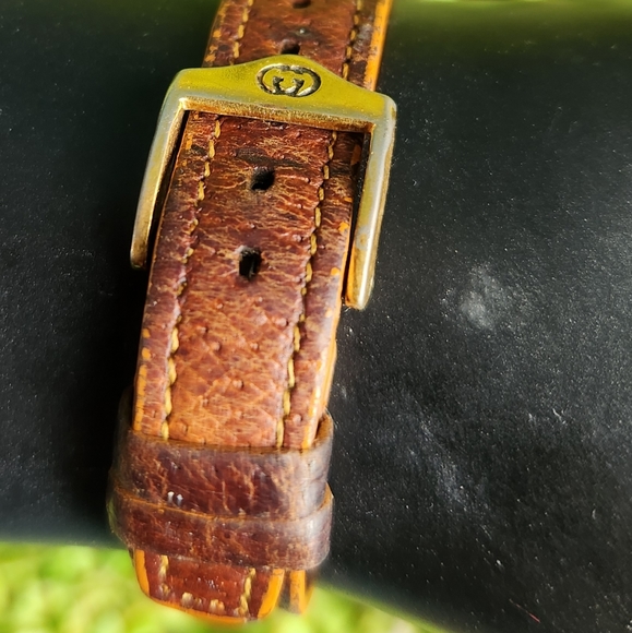 80s GUCCI Wrist Clock Roman Numeral Brown Leather Band Silver Gold Octagon Watch - Picture 9 of 16